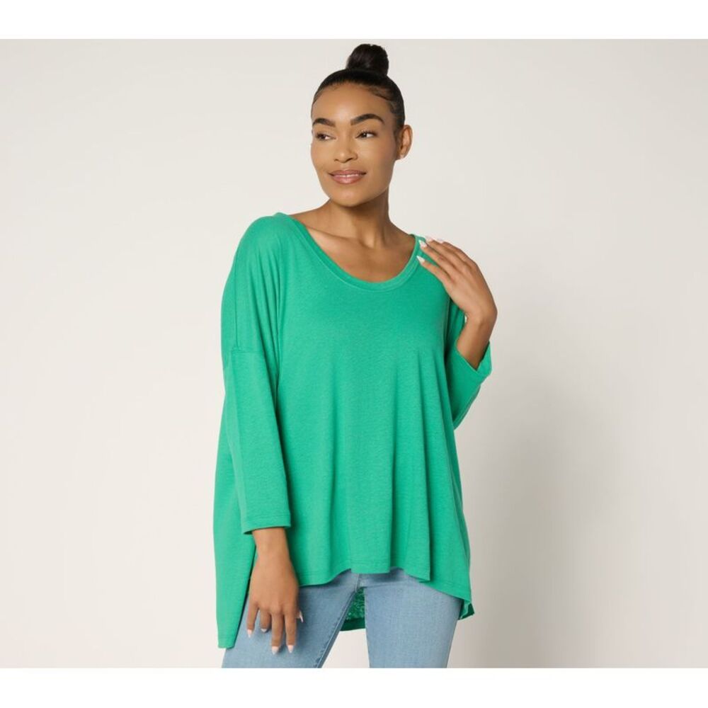 Wacoal Women's Top Sz XL Soft V-Neck Sleeve Linen Blend Easy Tee Green A691369